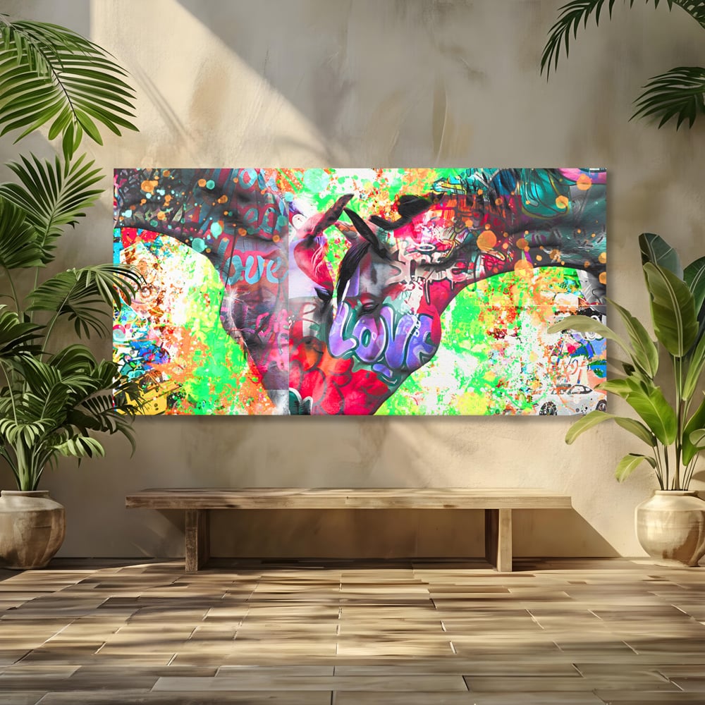 Tablou canvas cu tablou canvas cu doi cai si graffiti colorat, fara rama, pe sasiu de lemn
